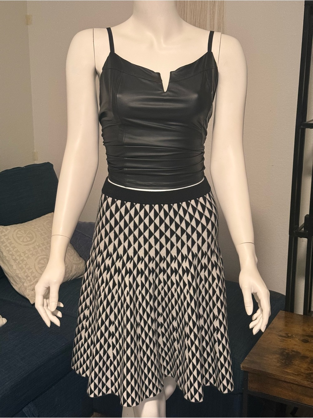 Carmen Marc Valvo black and white geometric sweater skater skirt